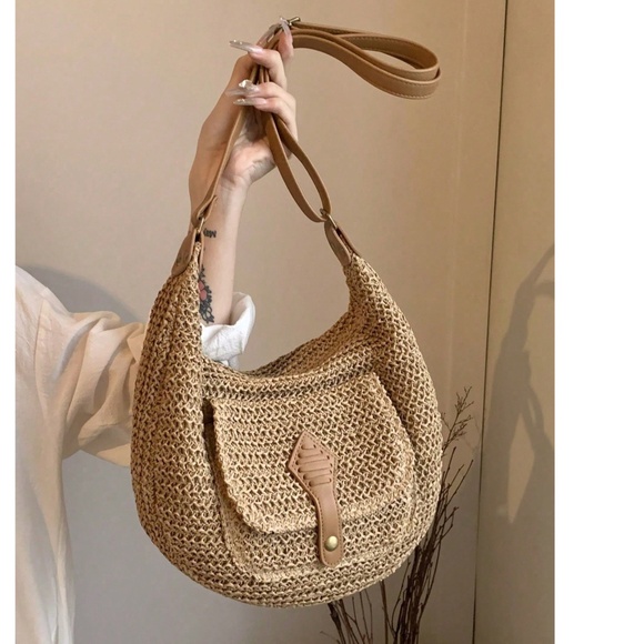 Boho Straw Lightweight High Capacity Pocket Shoulder Crossbody Bag - Picture 1 of 8